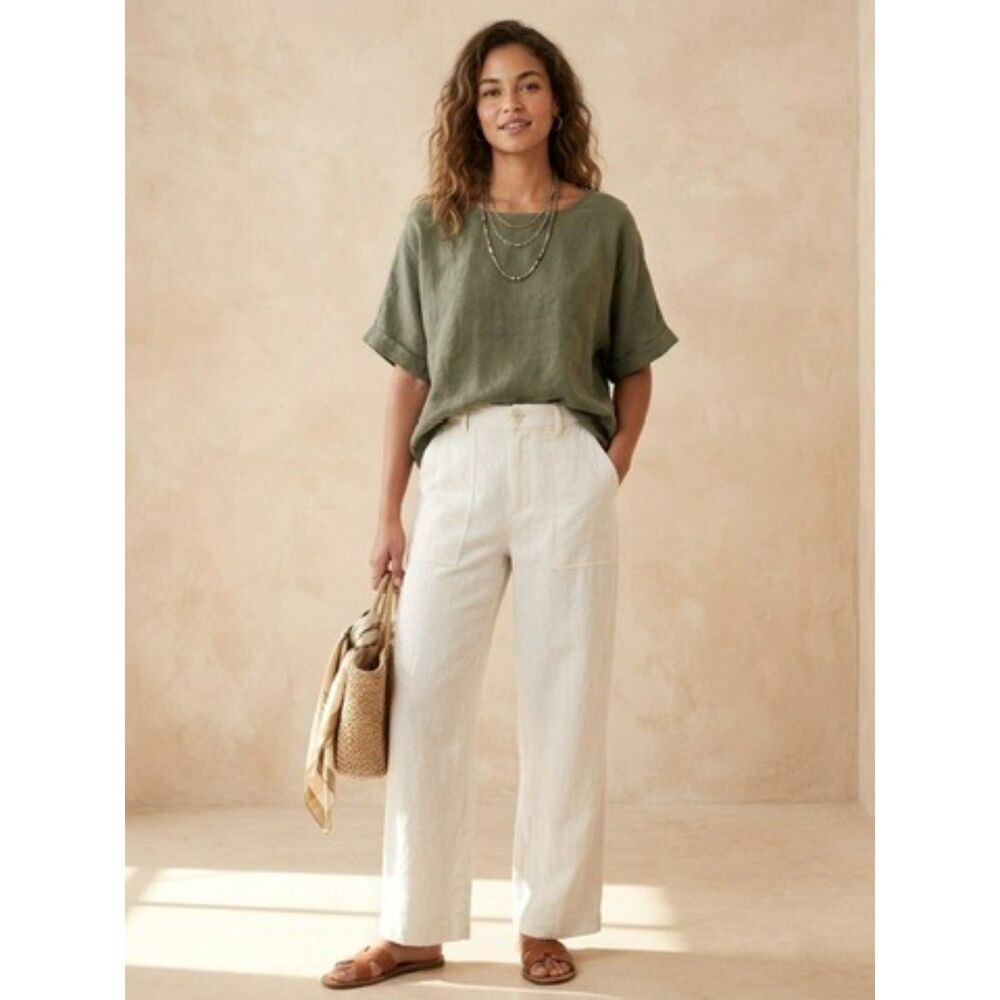 Puro Lino Made in Italy Olive Green Linen Boxy Short Sleeve Blouse Top